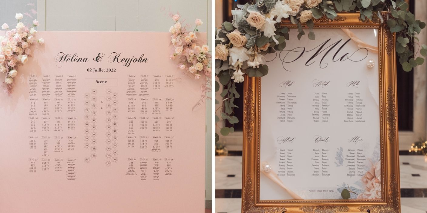 Plan de table classique et élégant pour mariage avec cadre doré et décor floral